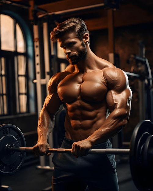 Young man exercising in gym bodybuilding styrodes weightlifting diet muscles