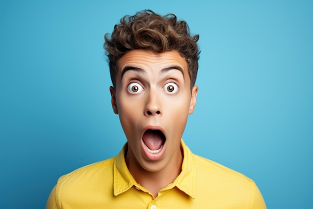 young man expressing surprise and shock emotion with his mouth open and wide open eyes isolated on blue background