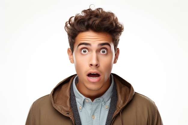 young man expressing surprise and shock emotion with his mouth open and wide open eyes isolated on white background