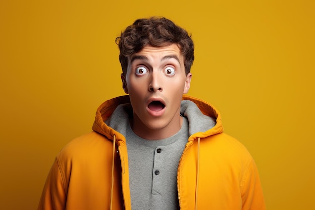 young man expressing surprise and shock emotion with his mouth open and wide open eyes isolated on yellow background