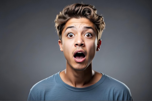 young man expressing surprise and shock with his mouth open and wide open eyes AI Generative