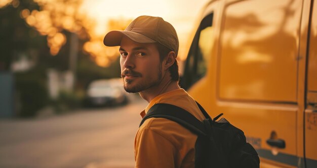 Photo young man in face next to a delivery van