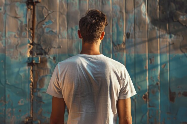 Photo young man facing away from camera