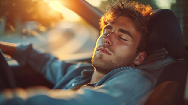 Photo young man fell asleep at the wheel of a car