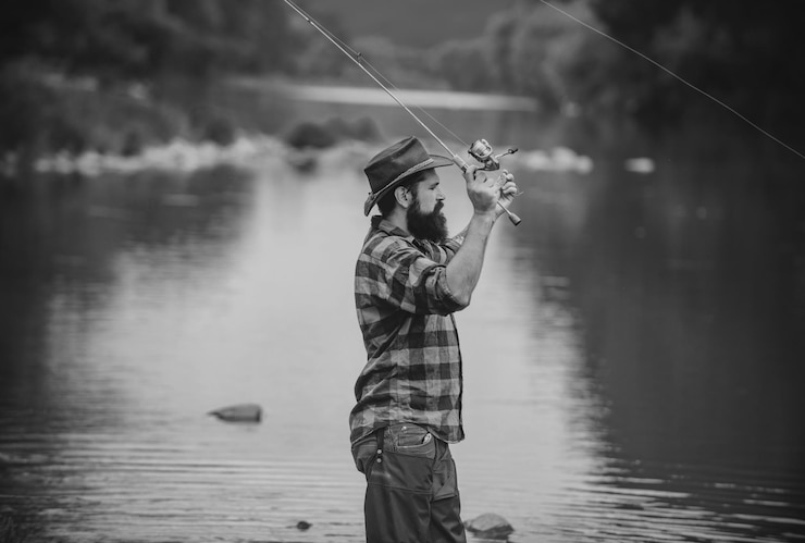 Photo 若者, 釣り, 漁師, ∥で∥, 棒, 回転する 巻き枠, 上に, 川, 銀行, 人, 引く, 魚, 引き, 棒, 間