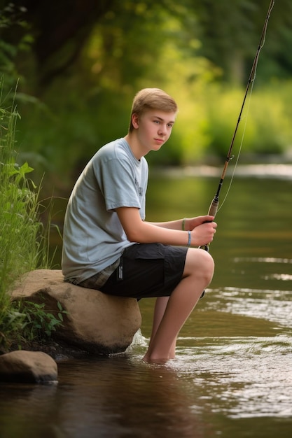 A young man fishing on a riverbank created with generative ai