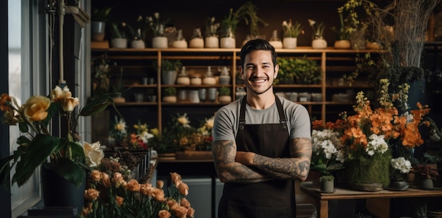 a young man florist in a flower shop