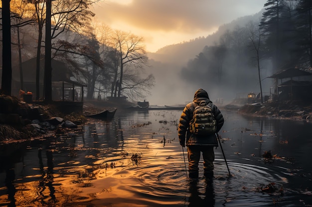 Young man flyfishing at winter