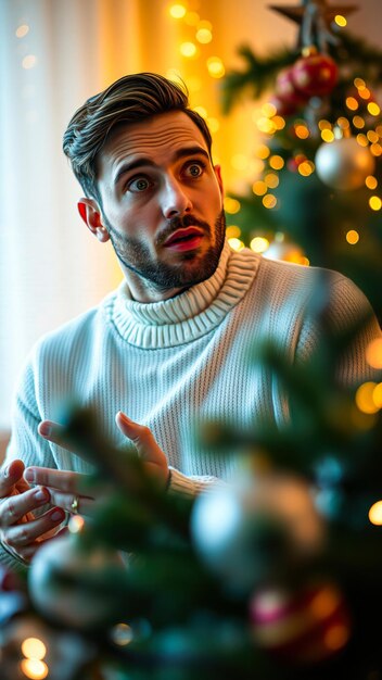 young man gazes at a decorated christmas tree with amazement