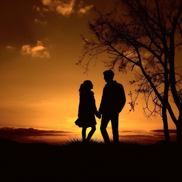 A young man and a girl hold hands and gaze tenderly at each other in nature during the sunset AI generation