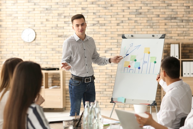 Young man giving presentation during business meeting in office