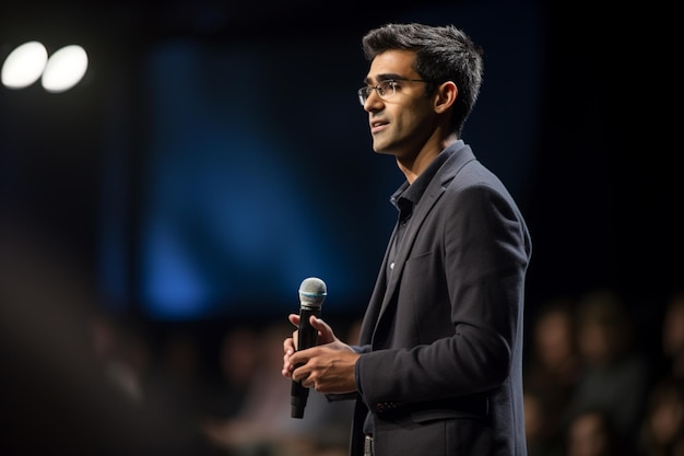 Photo young man giving a talk at a conference in a bright stage with generative ai