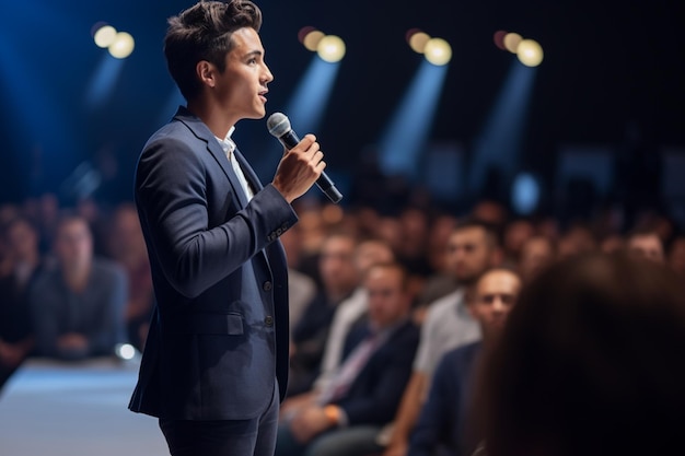 Young man giving a talk at a conference in a bright stage with Generative AI