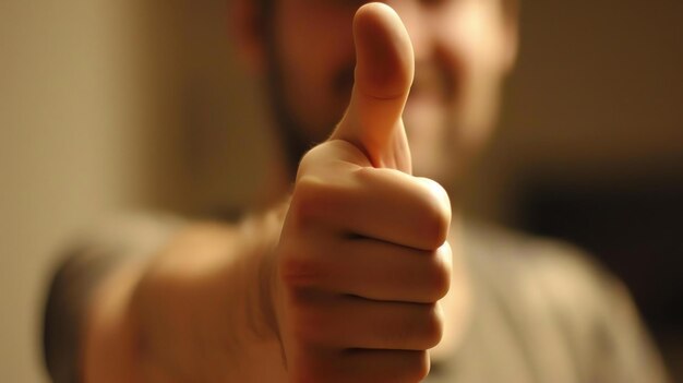 Photo a young man giving a thumbs up he is wearing a gray shirt and has a happy expression on his face