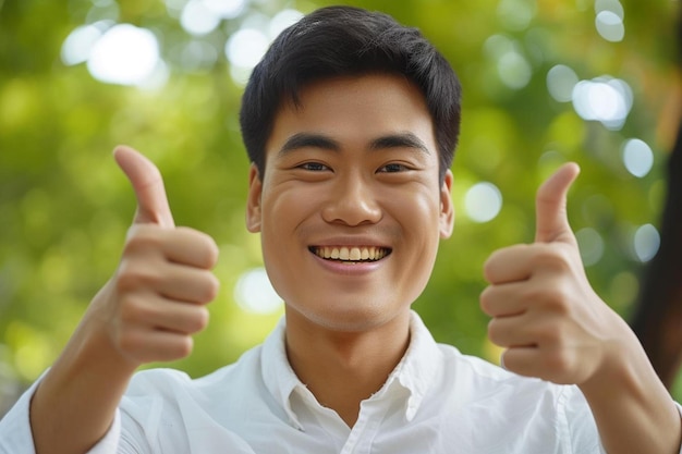 a young man giving a thumbs up sign