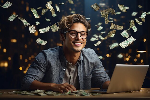 Photo young man in glasses looking happy at laptop with dollars or taka falling from the sky