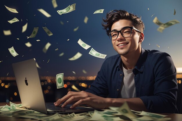 Photo young man in glasses looking happy at laptop with dollars or taka falling from the sky