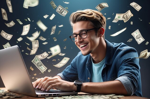 Photo young man in glasses looking happy at laptop with dollars or taka falling from the sky