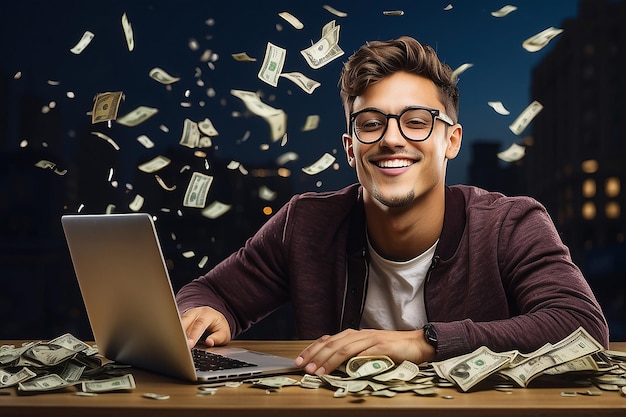 Photo young man in glasses looking happy at laptop with dollars or taka falling from the sky