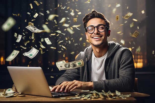 young man in glasses looking happy at laptop with dollars or taka falling from the sky