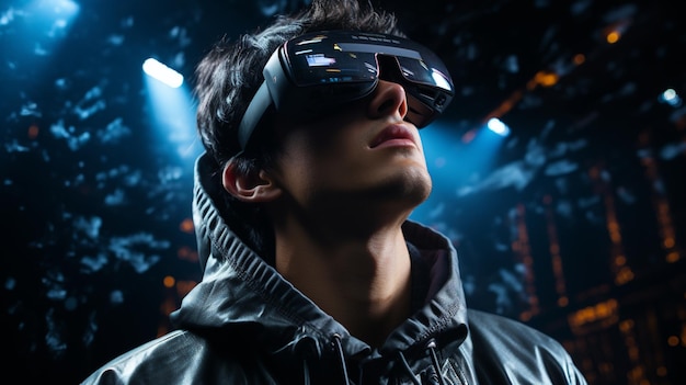 Young man glasses of virtual reality on dark background