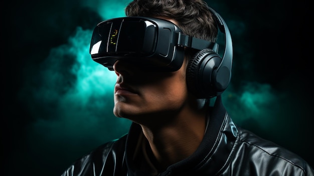 Молодой человек в очках виртуальной реальности на темном фоне