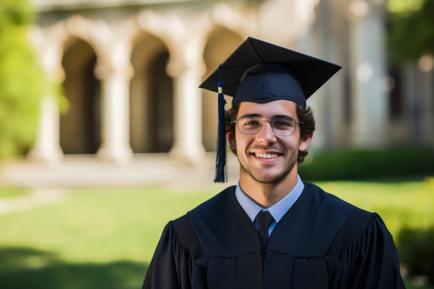 Foto un giovane in abito da laurea e berretto