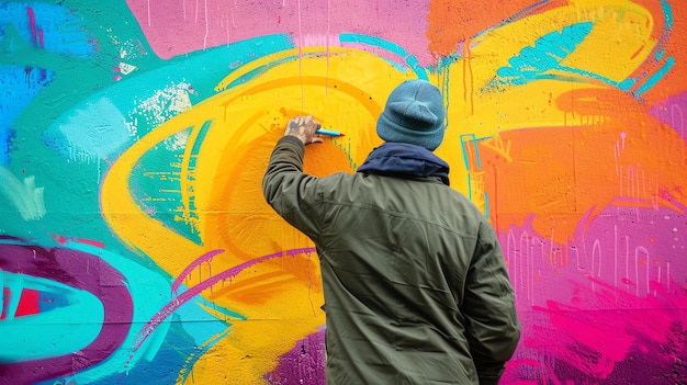 A young man in a green jacket and blue beanie is spray painting a colorful mural on a wall