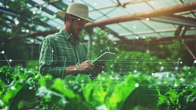 Photo young man in greenhouse with digital tablet