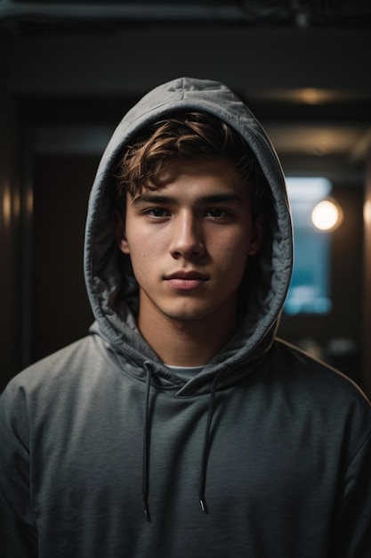 a young man in a grey hoodie with a black shirt that says " he's a boy. "