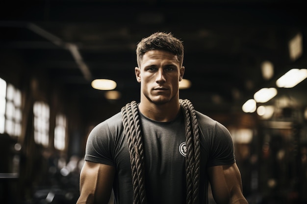 Young man in the gym workout with a rope showing strength and fitness