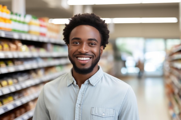 AI が生成したスーパー マーケットで若い男の幸せな表情