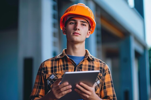 a young man in a hard hat holding a tablet