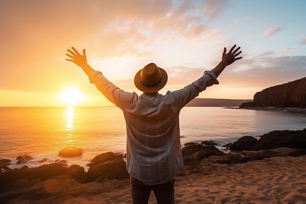 A young man in a hat and backpack on a beach