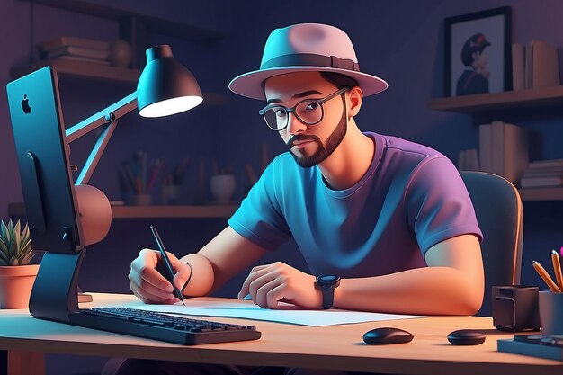 Photo young man in hat editing video 3d character illustration