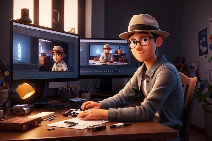 Photo young man in hat editing video 3d character illustration