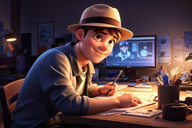 Young man in hat editing video 3d character illustration