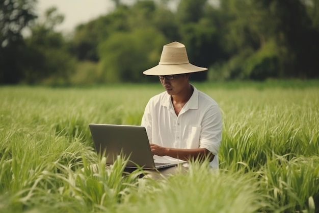 Young man in hat sitting on green field using laptop computer with wireless connection