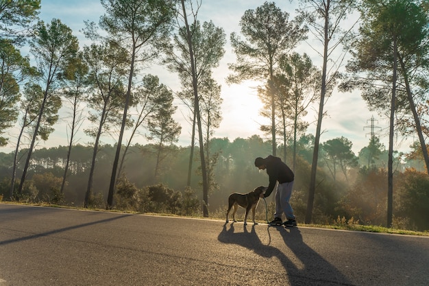 Young man having fun with his dog in nature with the rays of the morning sun