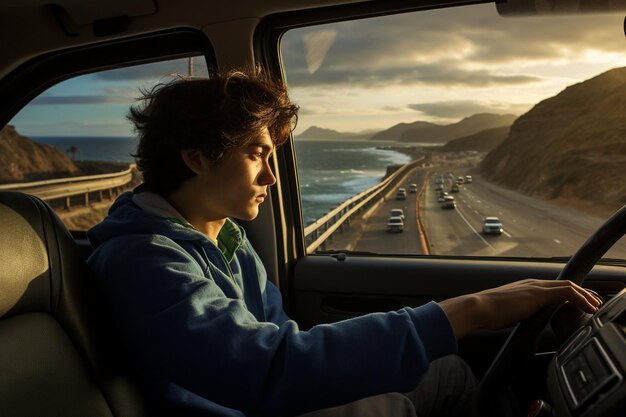 Photo young man having a roadtrip in cerca de playa laga