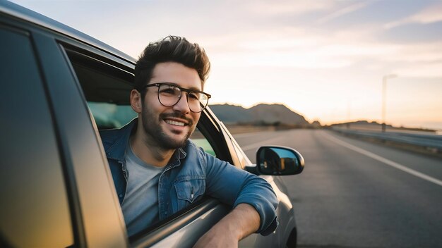 Photo young man having a roadtrip in cerca de playa laga