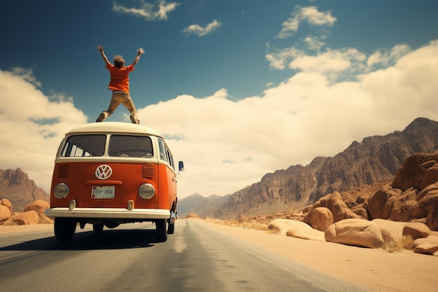 Young man having a roadtrip in his van