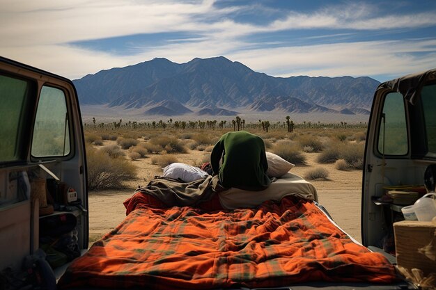 Young man having a roadtrip in his van