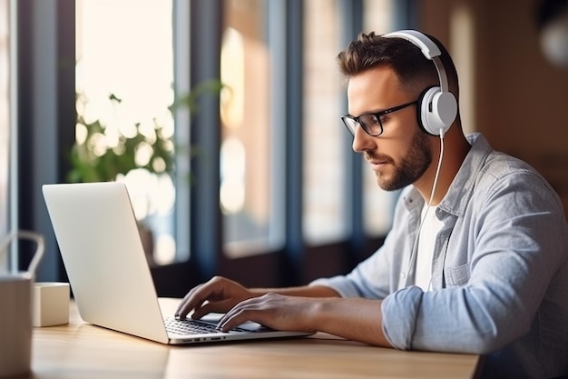 Young Man in Headphones Attending Online Conference Generative AI