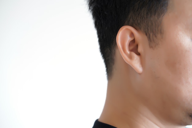 Young man hearing loss  sound waves simulation technology