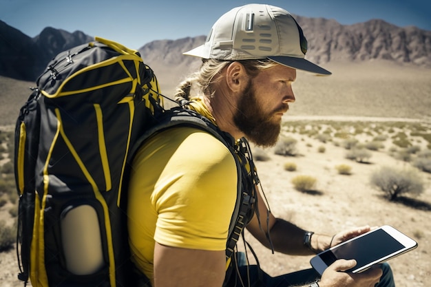 A young man hiking with a backpack with solar panels attached to charge his gadgets