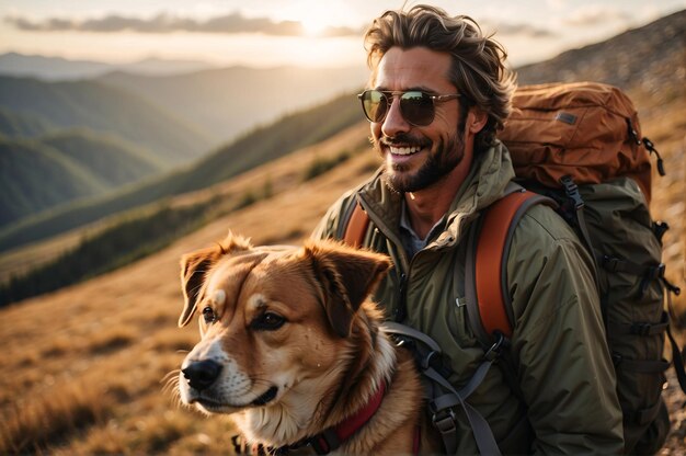 Photo a young man hiking with his pet pedigree dog