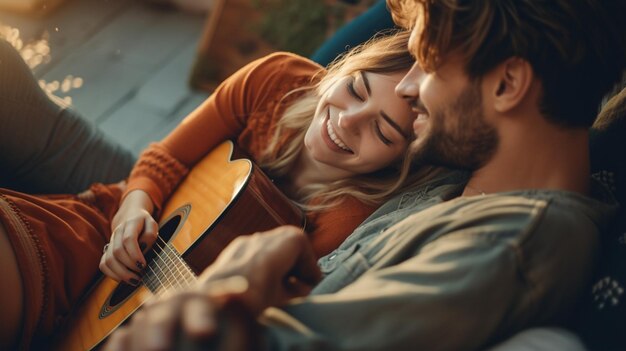 Young Man and His Girlfriend Enjoying a Guitar Serenade Together