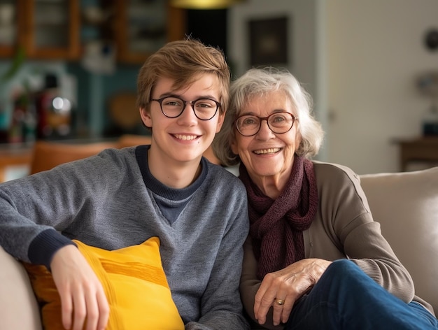 Photo young man and his old mother hugging on the couch in living room mothers day