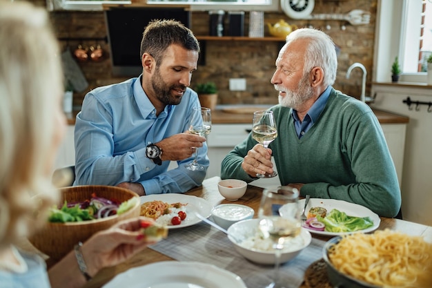 Young man and his senior father drinking wine and communicating while having lunch at dining table.